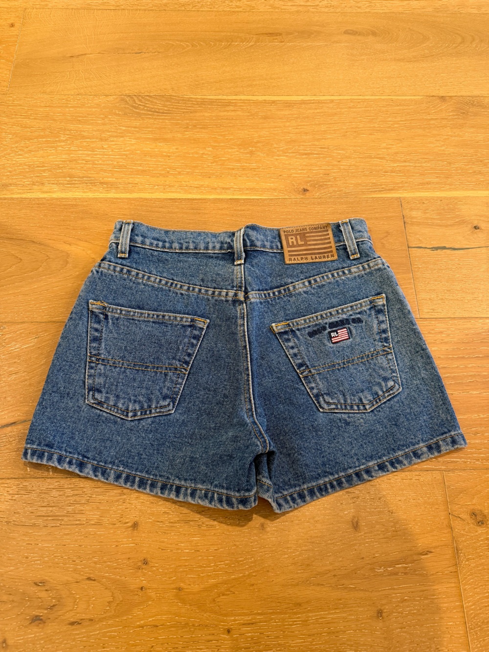 Ralph Lauren Blue Denim High-Rise Shorts with Flag Patch - size 4